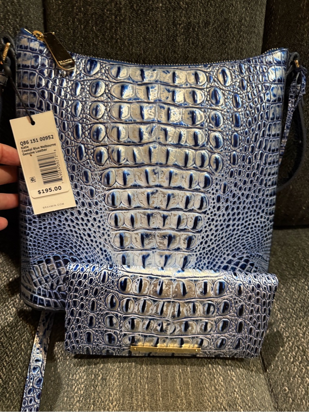 Brahmin Blue Croc-Embossed Leather Crossbody with Matching Wallet